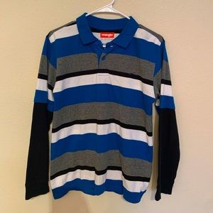 Wrangler striped long sleeve collared shirt, blue, gray, white, black, youth XL